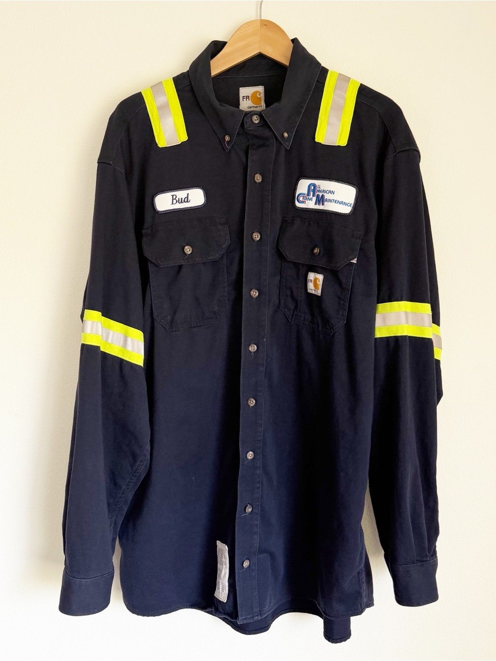 Carhartt FR High Vis Work Shirt Navy Bud All American Crane Patches XL